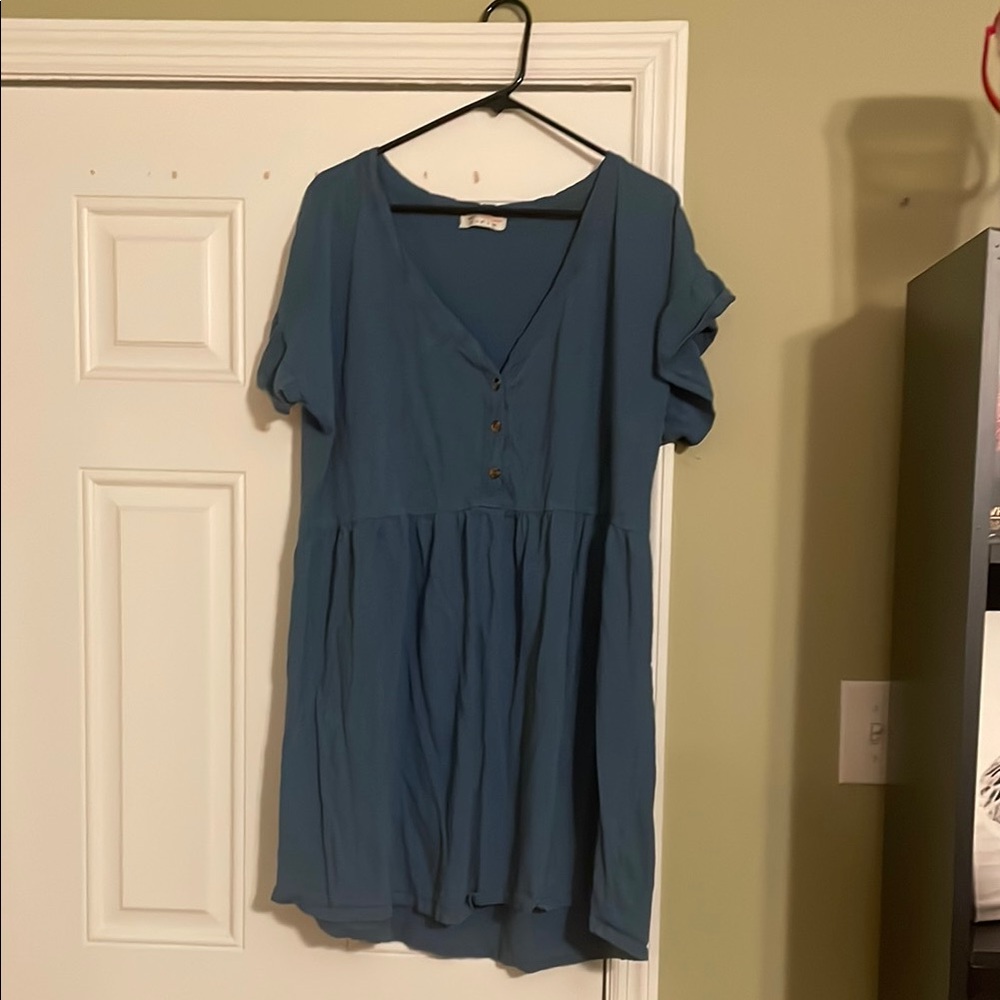 Blue V-Neck Button Dress